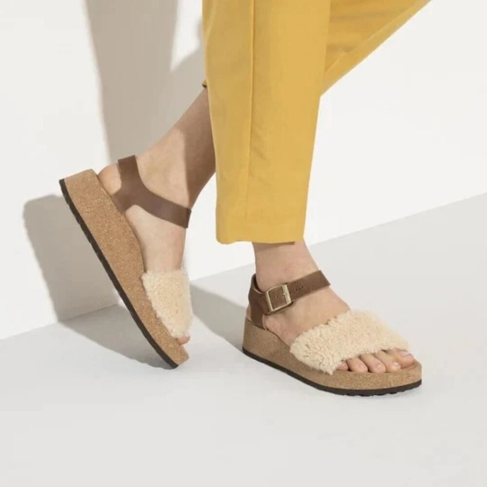 Birkenstocks Glenda Teddy, Natural Leather/Shearling Eggshell Sandals, size 39